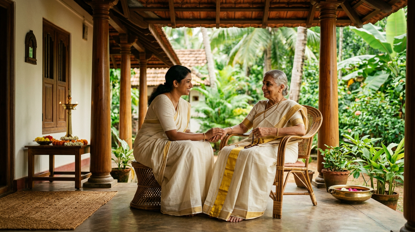 Elderly Malayali woman supported on a traditional Kerala veranda